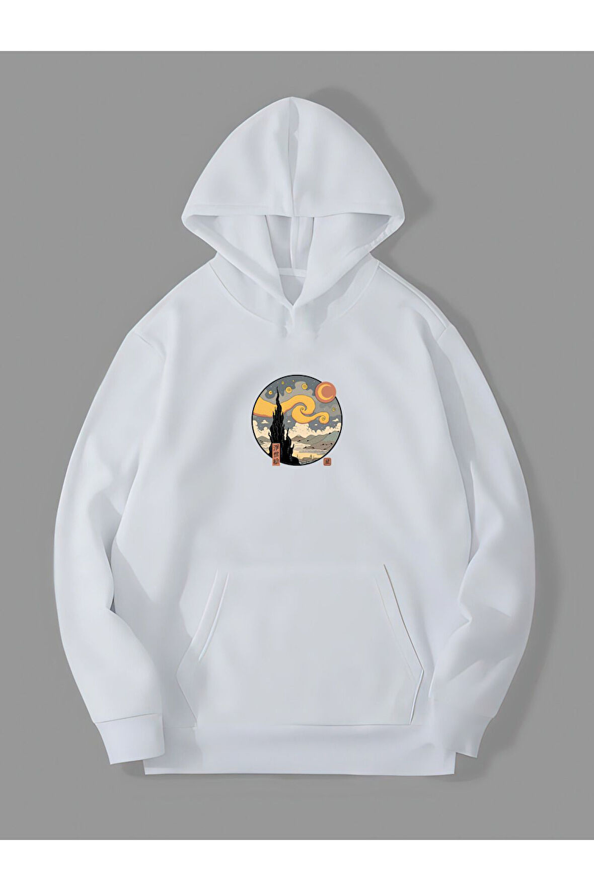 Üç İplik Yıldızlı Gece Baskılı Unisex Beyaz Kanguru Cepli Kapüşonlu Sweatshirt Hoodie | L