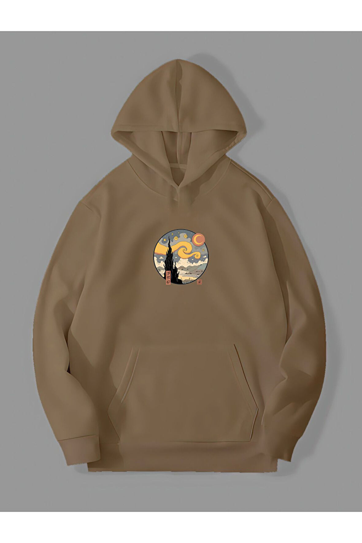 3 İplik Yıldızlı Gece Baskılı Kemik Kanguru Cepli Kapüşonlu Sweatshirt Hoodie | S