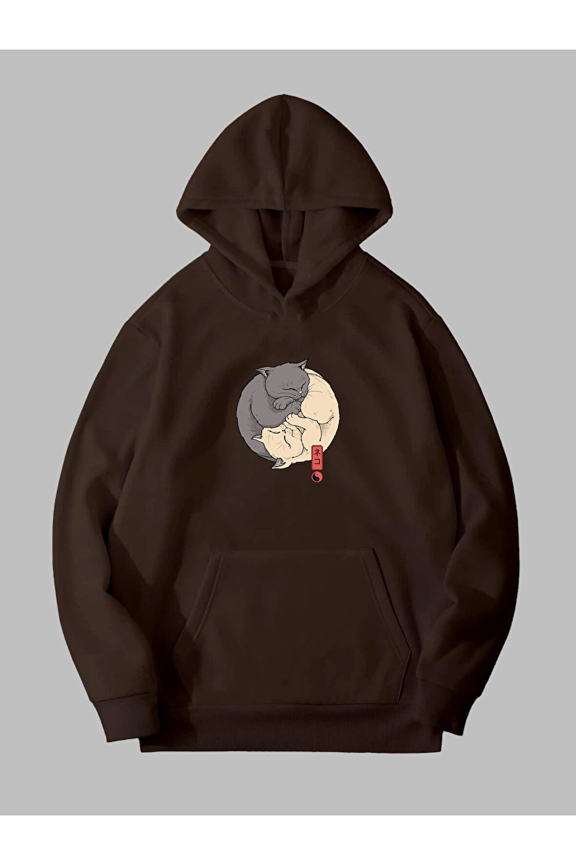 Üç İplik Ying Yang Baskılı Unisex Kahverengi Kanguru Cepli Kapüşonlu Sweatshirt Hoodie | M