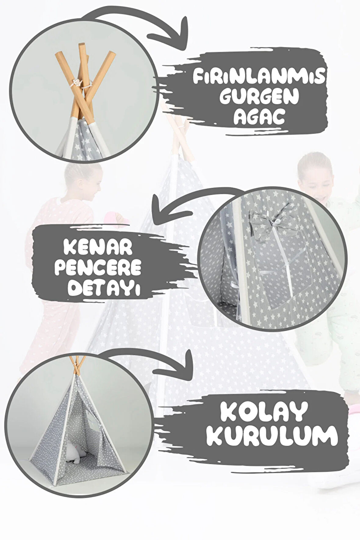 Oyuncak Ev Çocuklar İçin Geniş Kızılderili Ahşap Direkli Oyun Çadırı ve Rahatlatıcı Ev & Bahçe Oyun