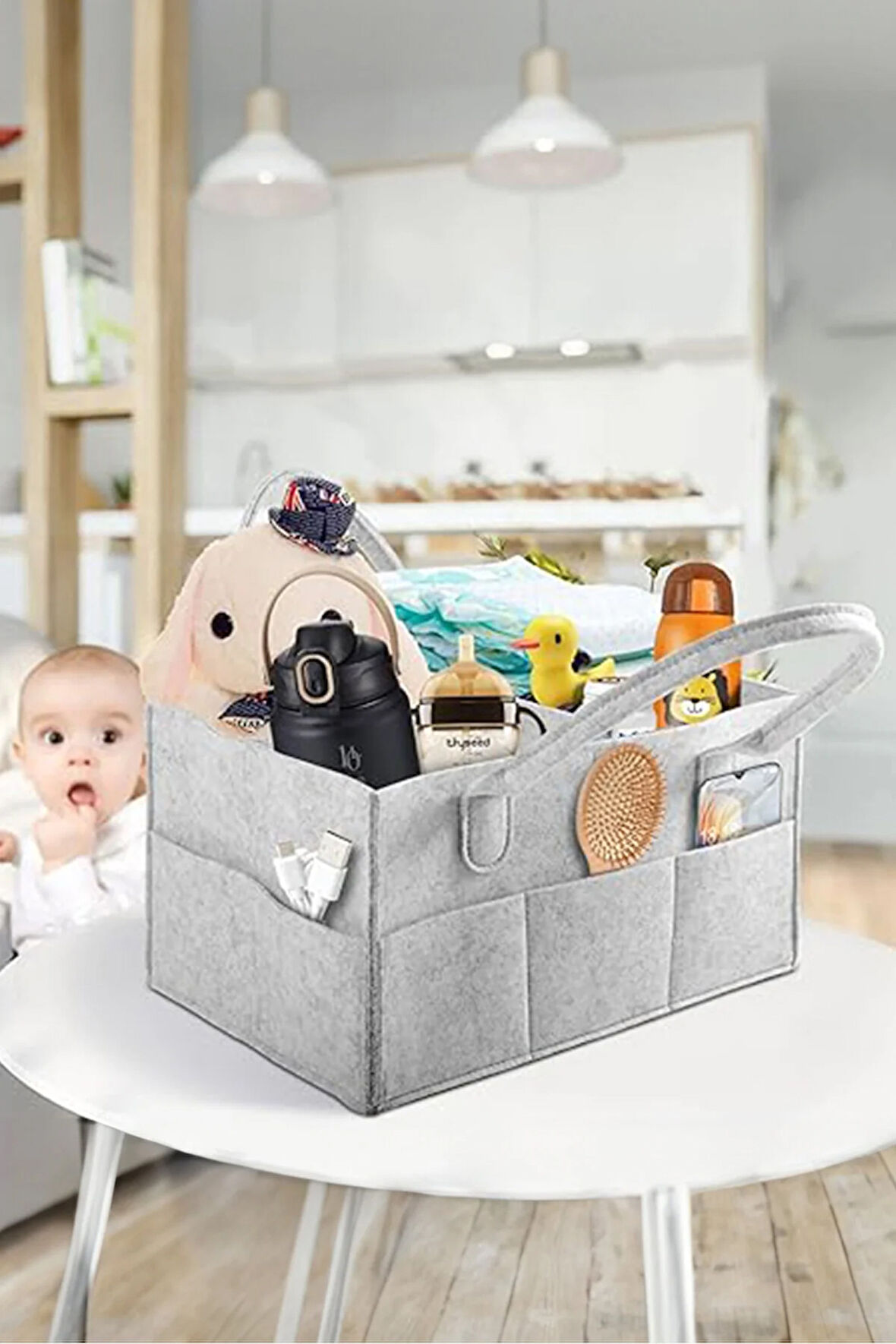 Anne Bebek Çantası Keçe Bebek Bakım Çantası Organizeri Çok Amaçlı Kullanım Taşınabilir