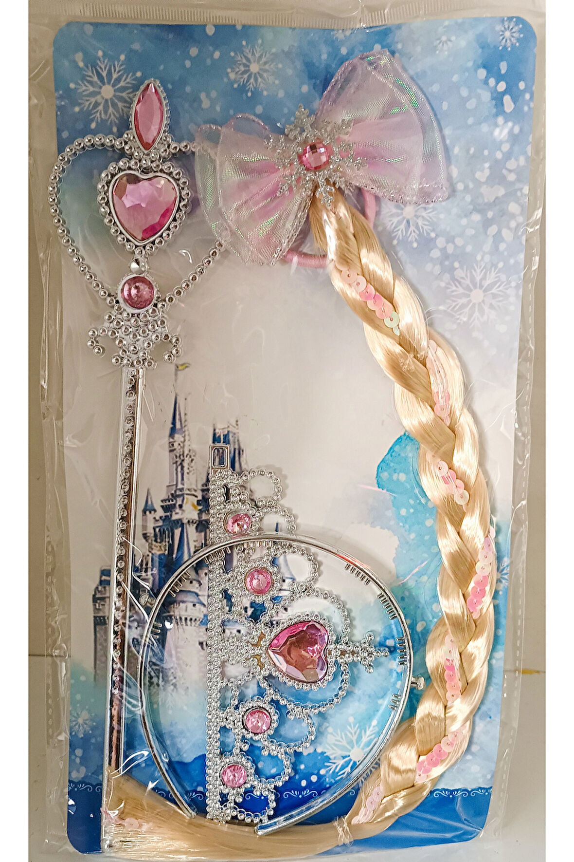 Elsa frozen yeni model 3 lü set Elsa taçelsa saç ve Elsa asa tokalı set Pembe renk Çocuk Eğitici Oy