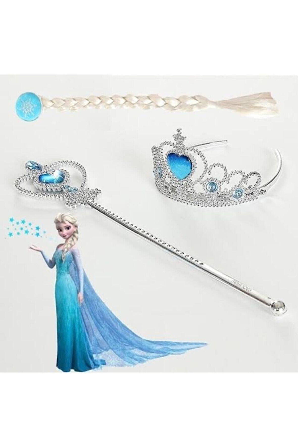 Frozen Karlar Ülkesi Elsa Örgü Saç Taç Asa Seti Çocuk Eğitici Oyuncaklar