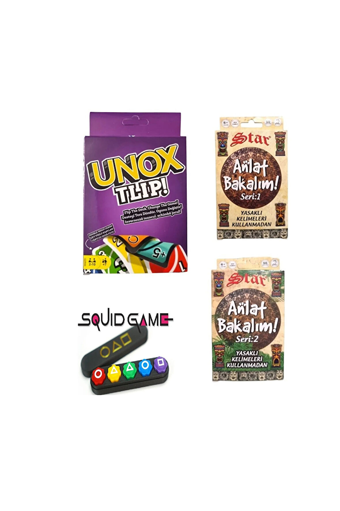 Squid Game 2 Gonggi 5 Taş Unox Tlip + Anlat Bakalım Seri 1 + Seri 2 Oyun Kartı - 3 Lü Set Çocuk Eği