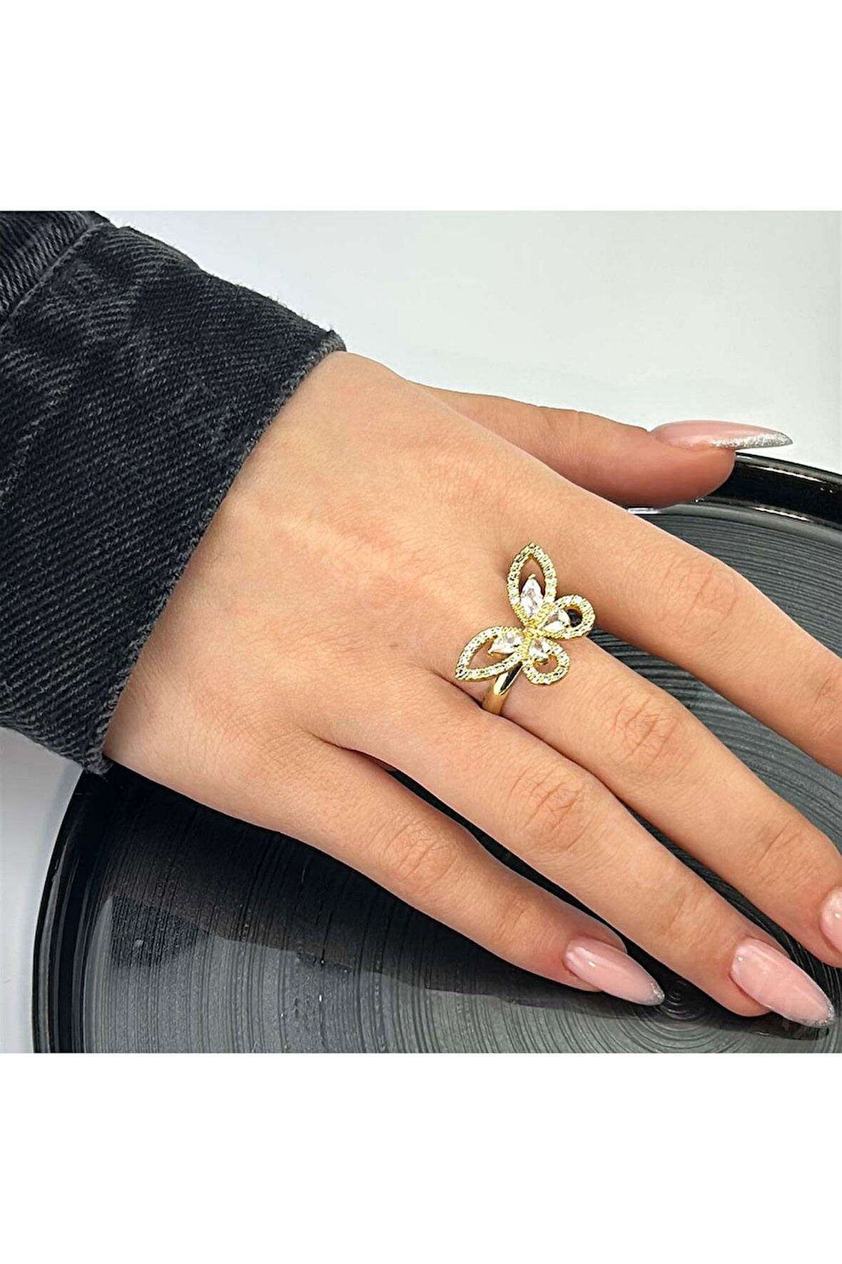 Xxx Kelebek Figürlü, Zirkon Taşlı Yüzük 49, Altın Renk, Ayarlanabilir