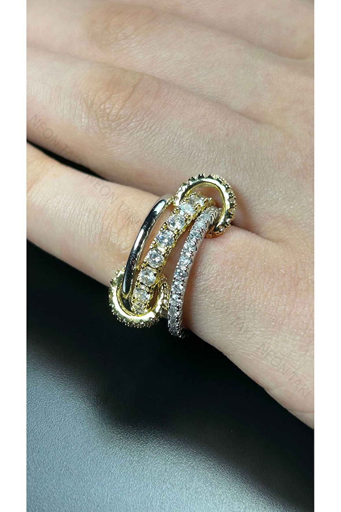 Zirkon Taşlı, Üçlü Yüzük 173, Gümüş ve Altın Renk, Ölçü 17mm