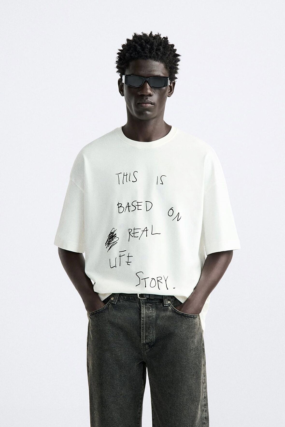 The Champ Bisiklet Yaka This İs Based On Real Life Story Baskılı Oversize Beyaz Erkek T-shirt