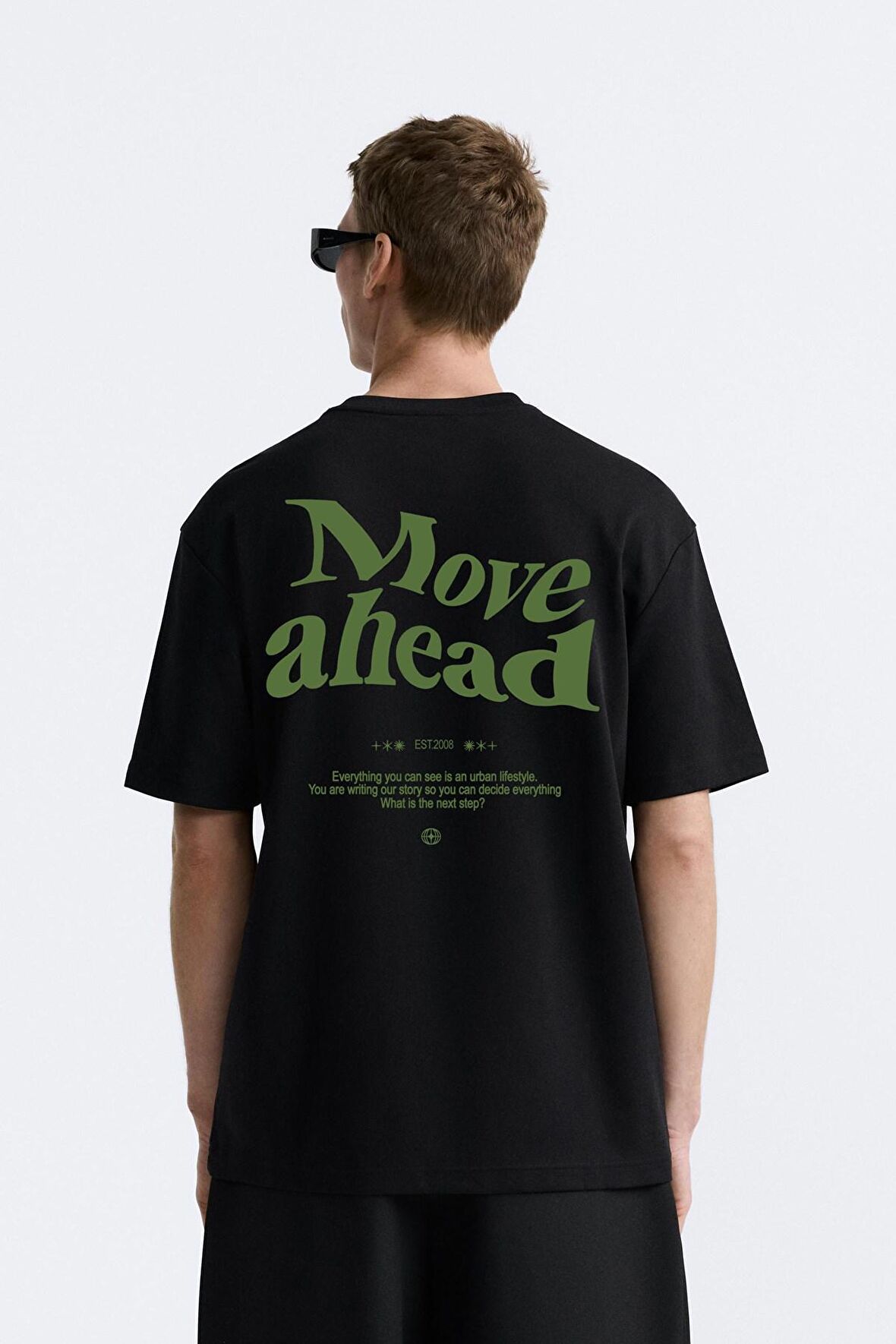 The Champ Bisiklet Yaka Move Ahead Yazılı Kordinat Baskılı Oversize Siyah Erkek T-shirt