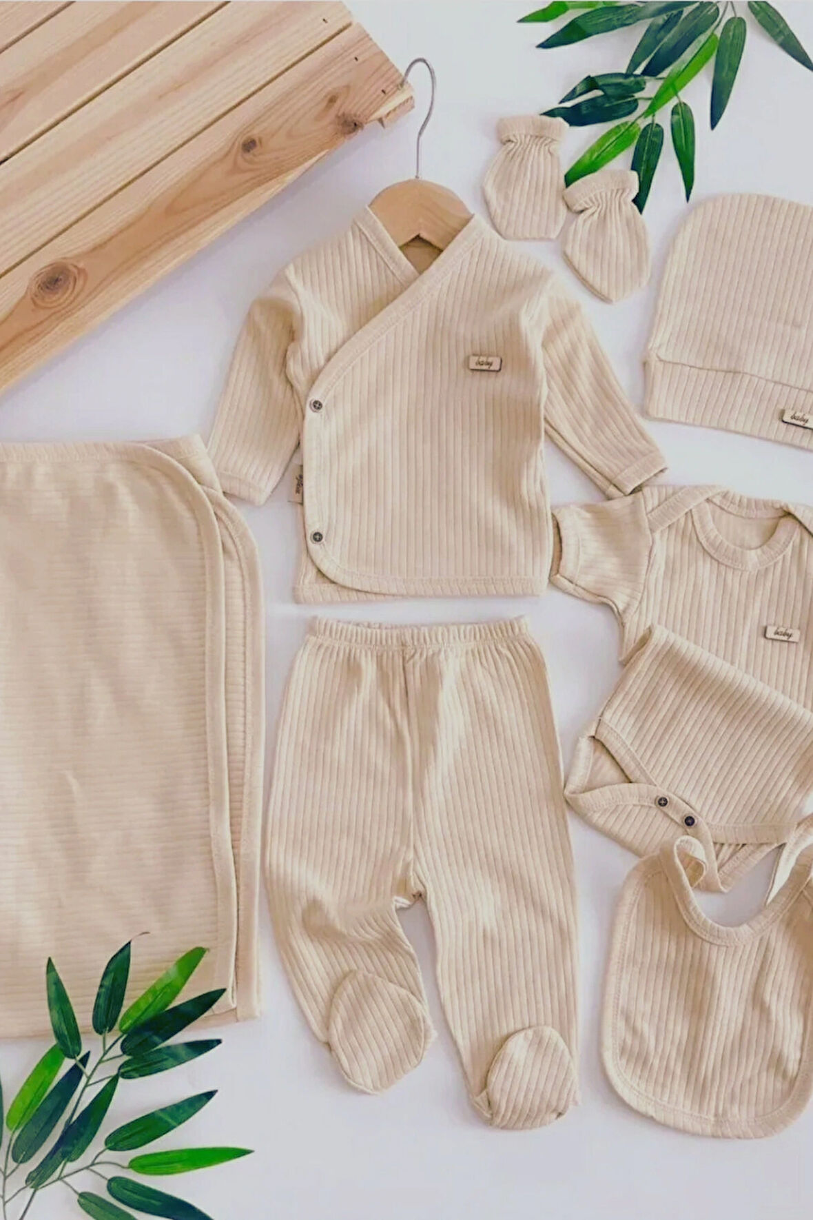 Kız - Erkek Bebek 7 Parça Hastane Çıkışı Zıbın Seti Natural Pastel Renk (Hediye Paketi Yapılır)