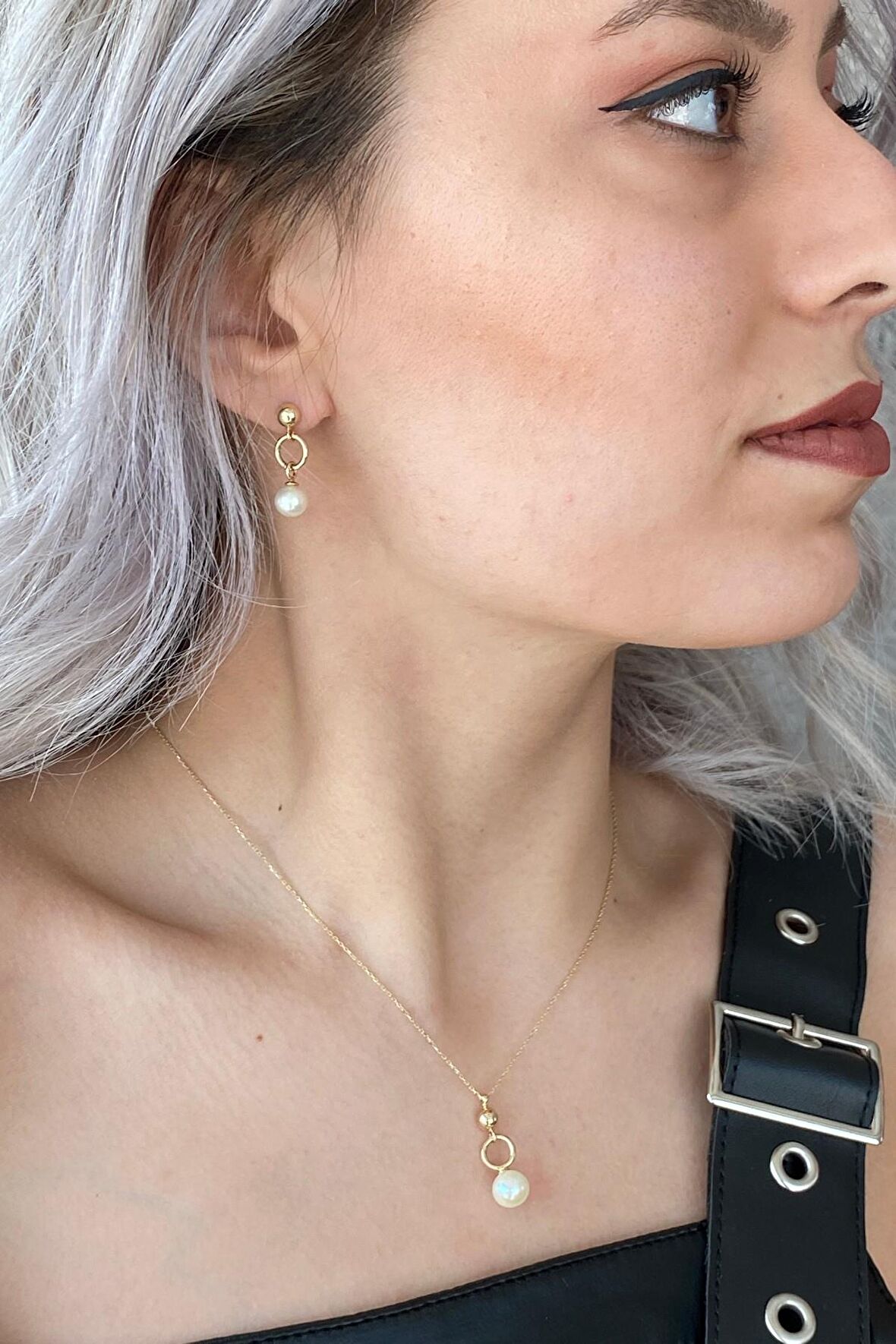 Birinci1926 14 Ayar Altın Tek İnci Halkalı Kolyeli İnci Kadın İkili Set