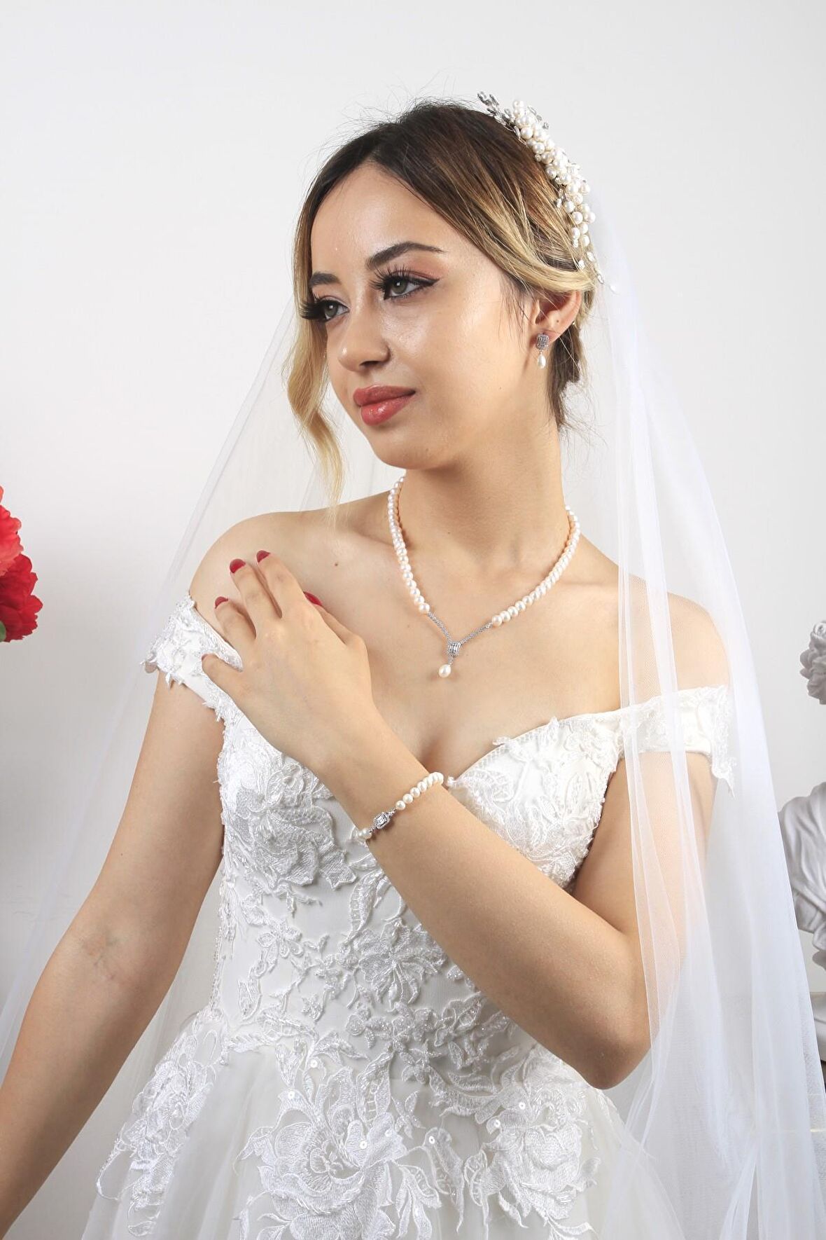Birinci1926 14 Ayar Beyaz Altın Kadın BagetTaşlı İnci Set