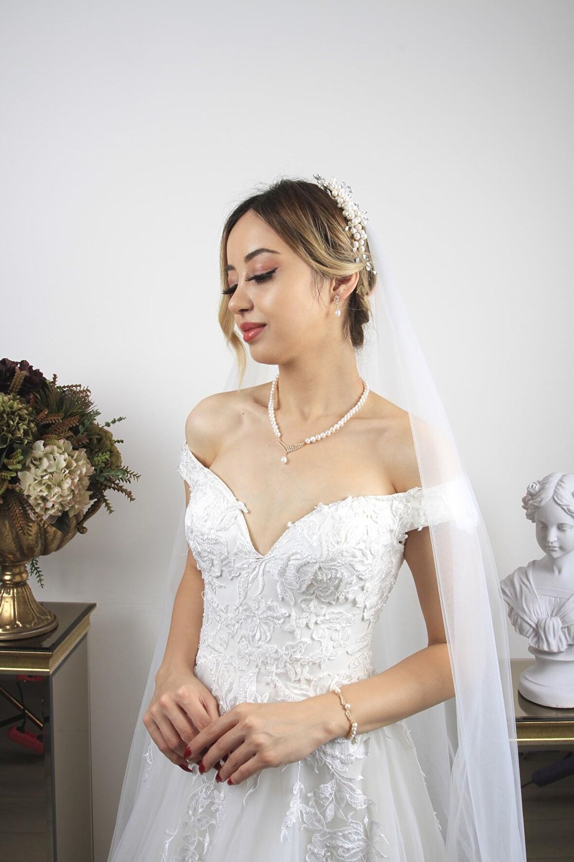Birinci1926 14 Ayar Altın Kadın Yaprak Taşlı İnci Set