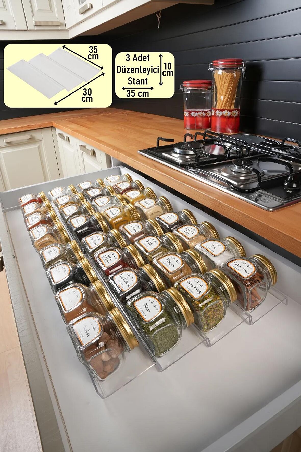 Baharatlık Düzenleyici 3 Adet Çekmece Içi Pleksi Stant Organizer 35 Cm X 10 Cm (KAVANOZLAR HARİÇTİR)