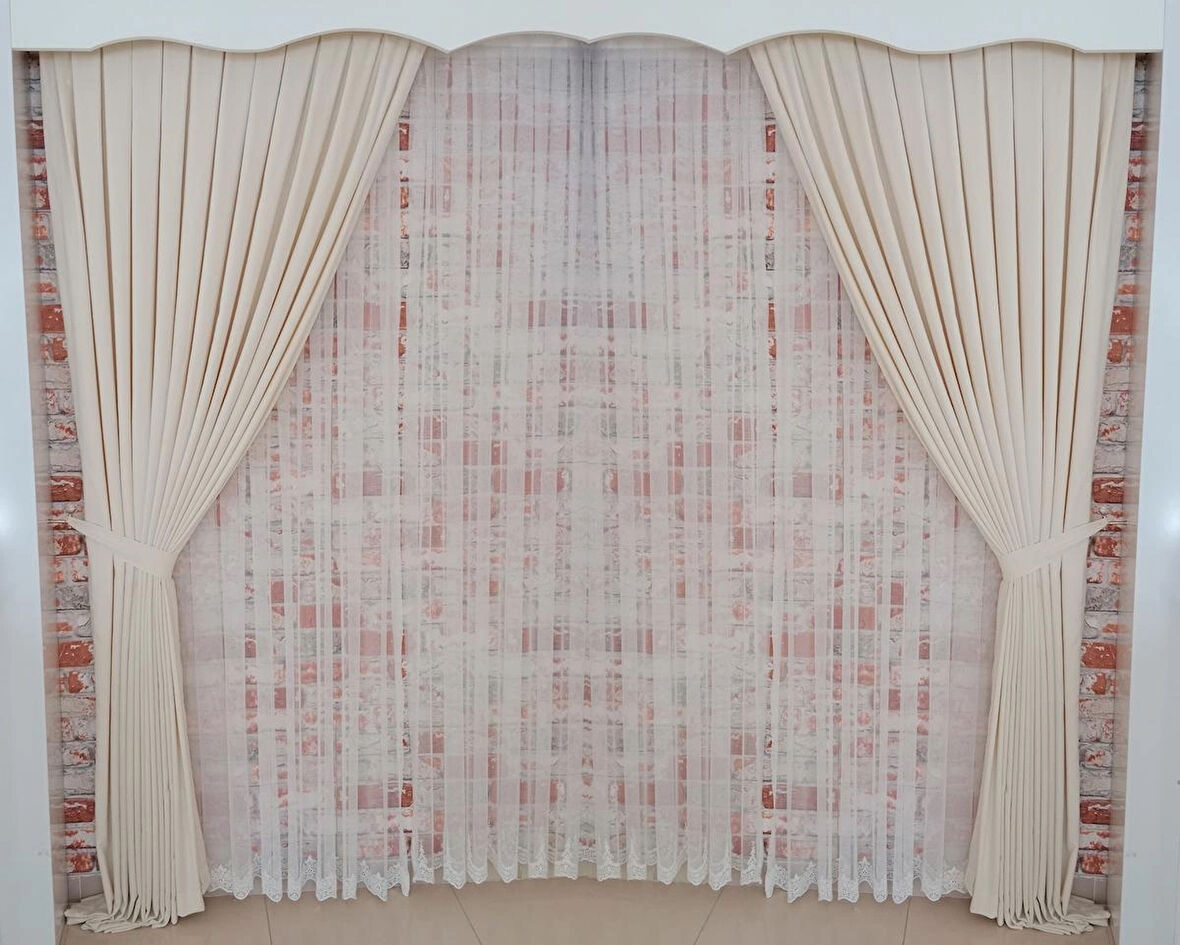 Bej Renk Fon Kadife Perde Çift Kanat 1/3 Sık Pileli Dikim V-02