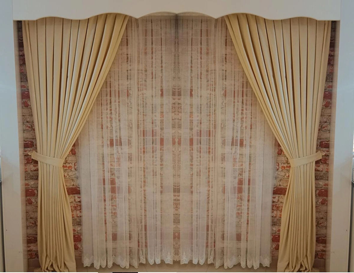 Fil Dişi Renk Fon kadife Perde Çift Kanat 1/3 Sık Pileli Dikim V-03