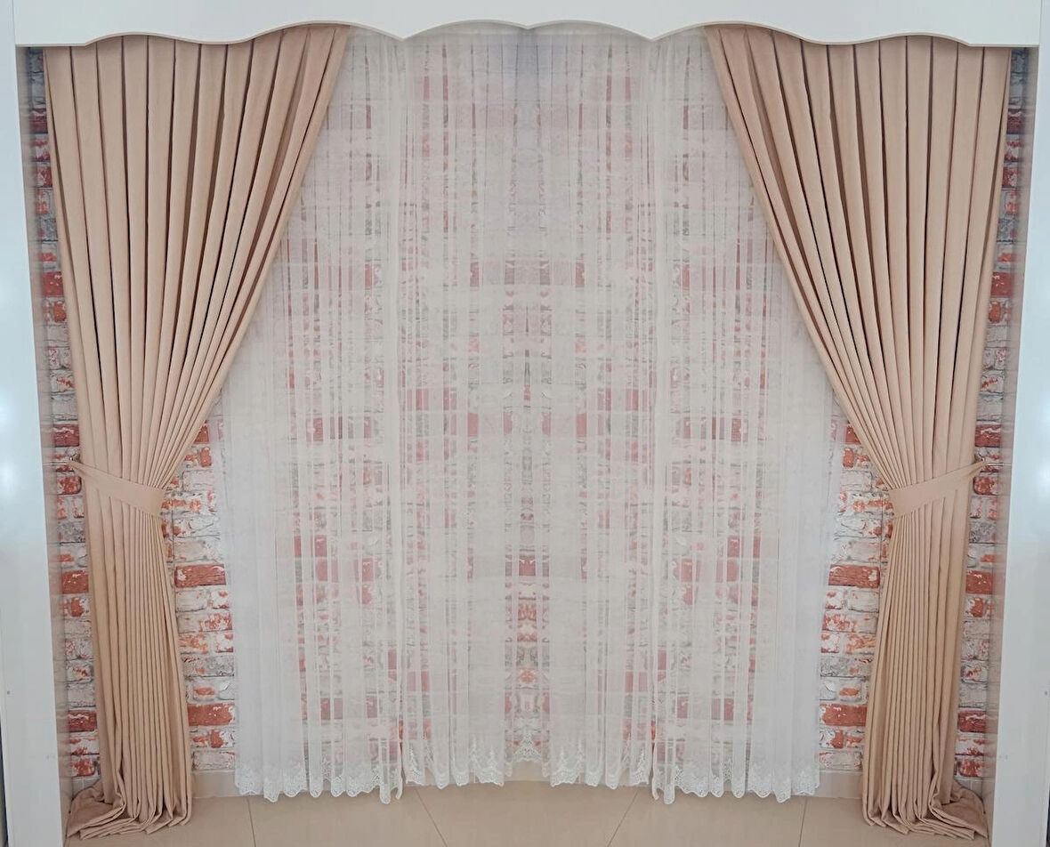 Açık Vizon Renk Fon Kadife Perde Çift Kanat 1/3 Sık Pileli Dikim V-05