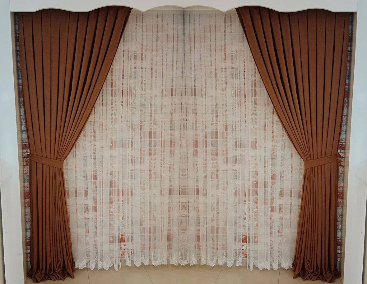 Kahve Renk Fon Kadife Perde Çift Kanat 1/3 Sık Pileli Dikim V-12