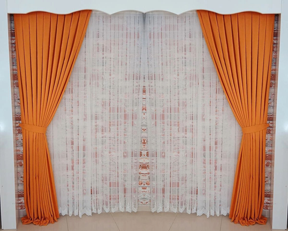 Turuncu Renk Fon Kadife Perde Çift Kanat 1/3 Sık Pileli Dikim V-15