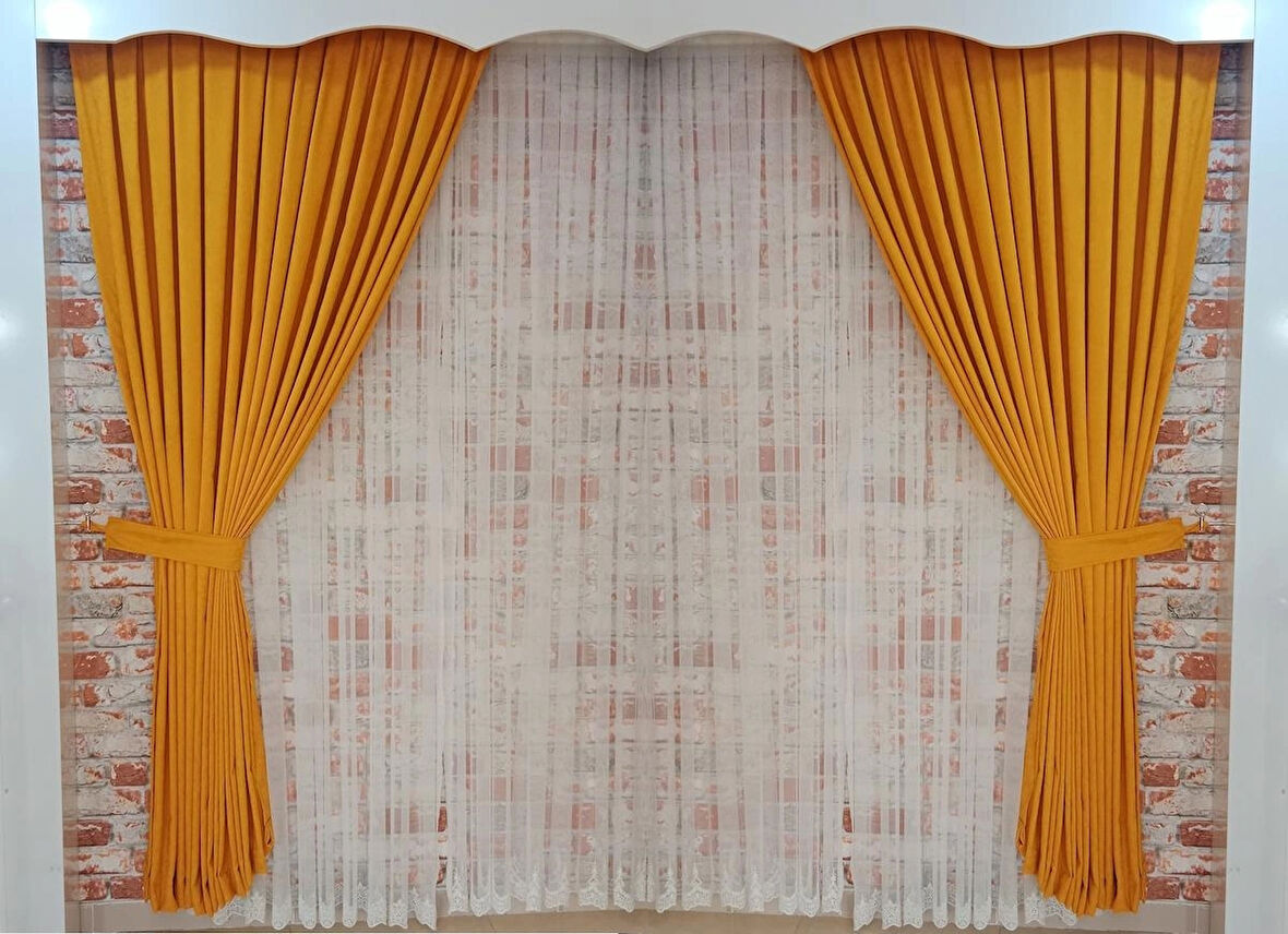 Hardal Sarısı Renk Fon Kadife Perde Çift Kanat 1/3 Sık Pileli Dikim V-16