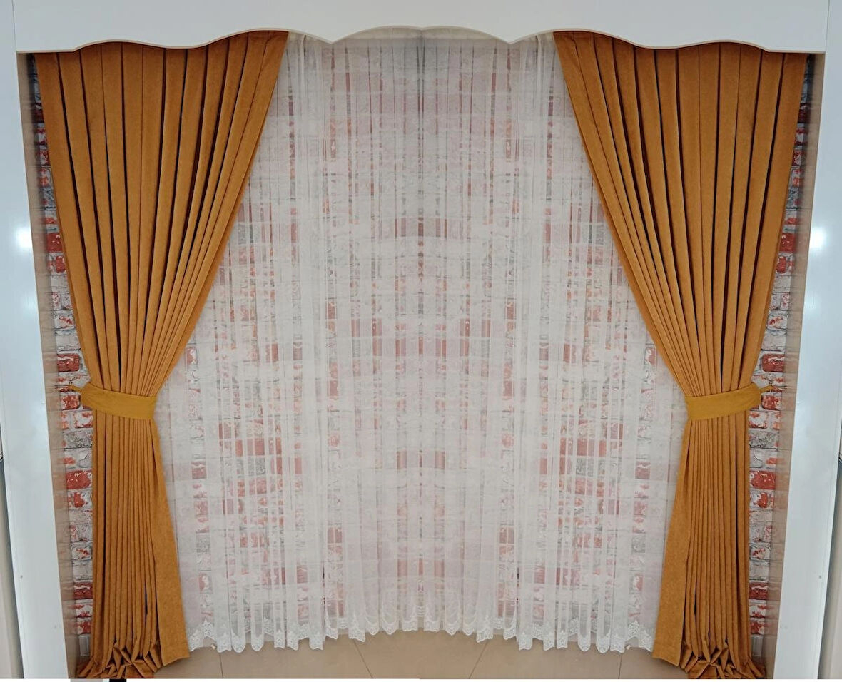 Koyu Hardal Renk Fon Kadife Perde Çift Kanat 1/3 Sık Pileli Dikim V-17