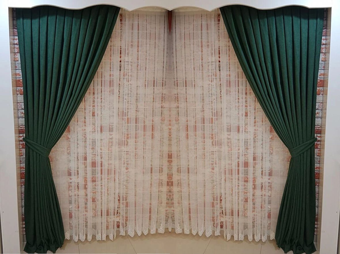 Yeşil Renk Fon Kadife Perde Çift Kanat 1/3 Sık Pileli Dikim V-20