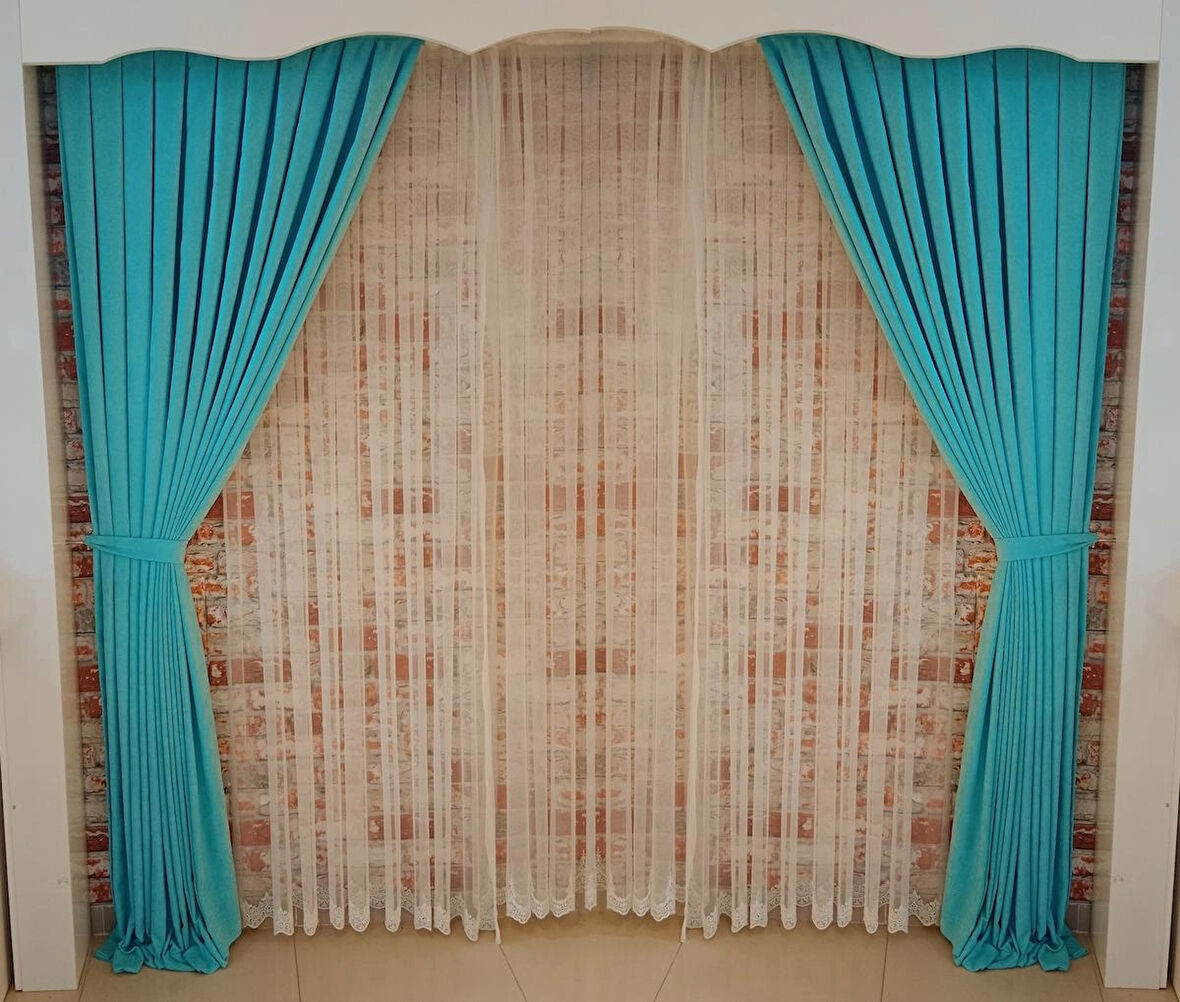 Turkuaz Renk Fon Kadife Perde Çift Kanat 1/3 Sık Pileli Dikim V-22