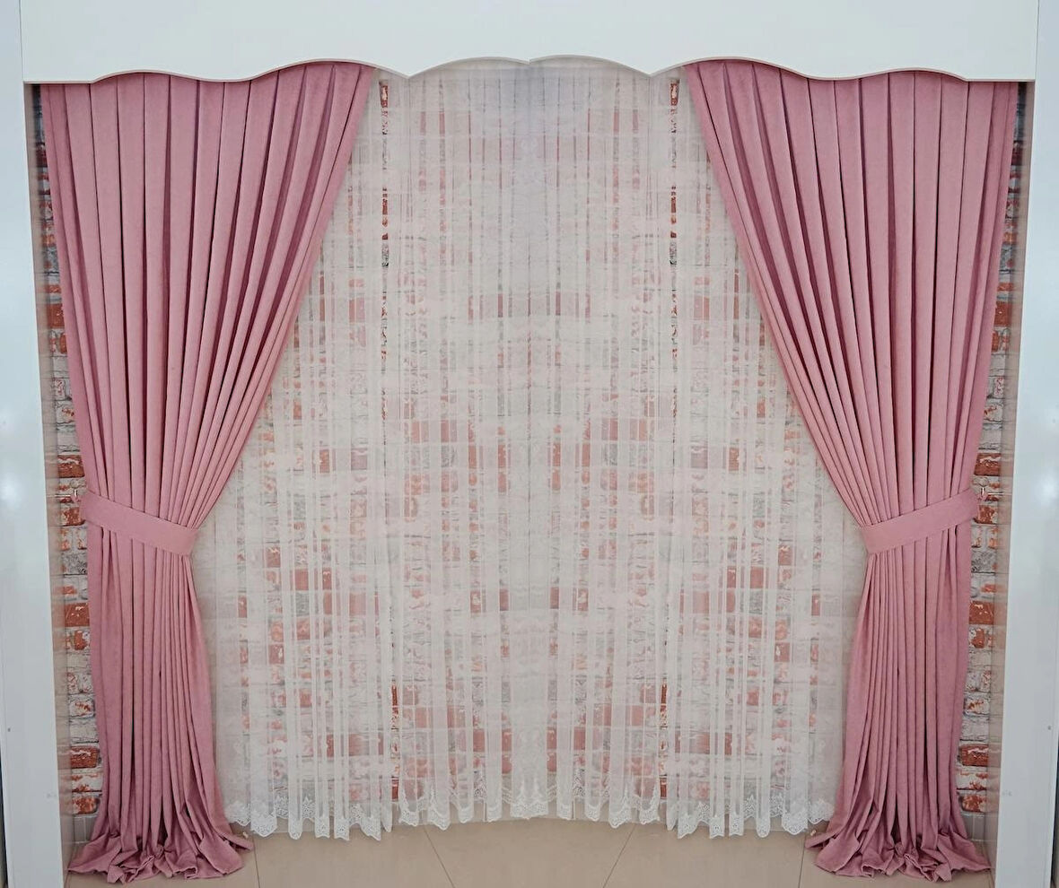 Gül Kurusu Renk Fon Kadife Perde Çift Kanat 1/3 Sık Pileli Dikim V-27