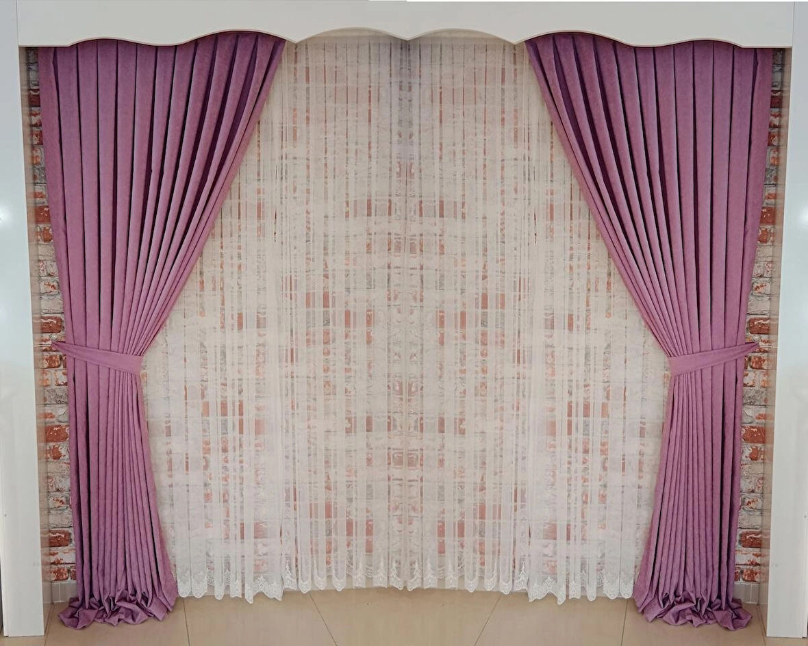 Eflatun Renk Fon Kadife Perde Çift Kanat 1/3 Sık Pileli Dikim V-29