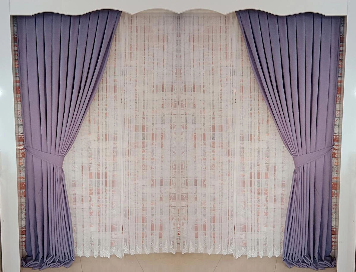 Lila Renk Fon Kadife Perde Çift Kanat 1/3 Sık Pileli Dikim V-30