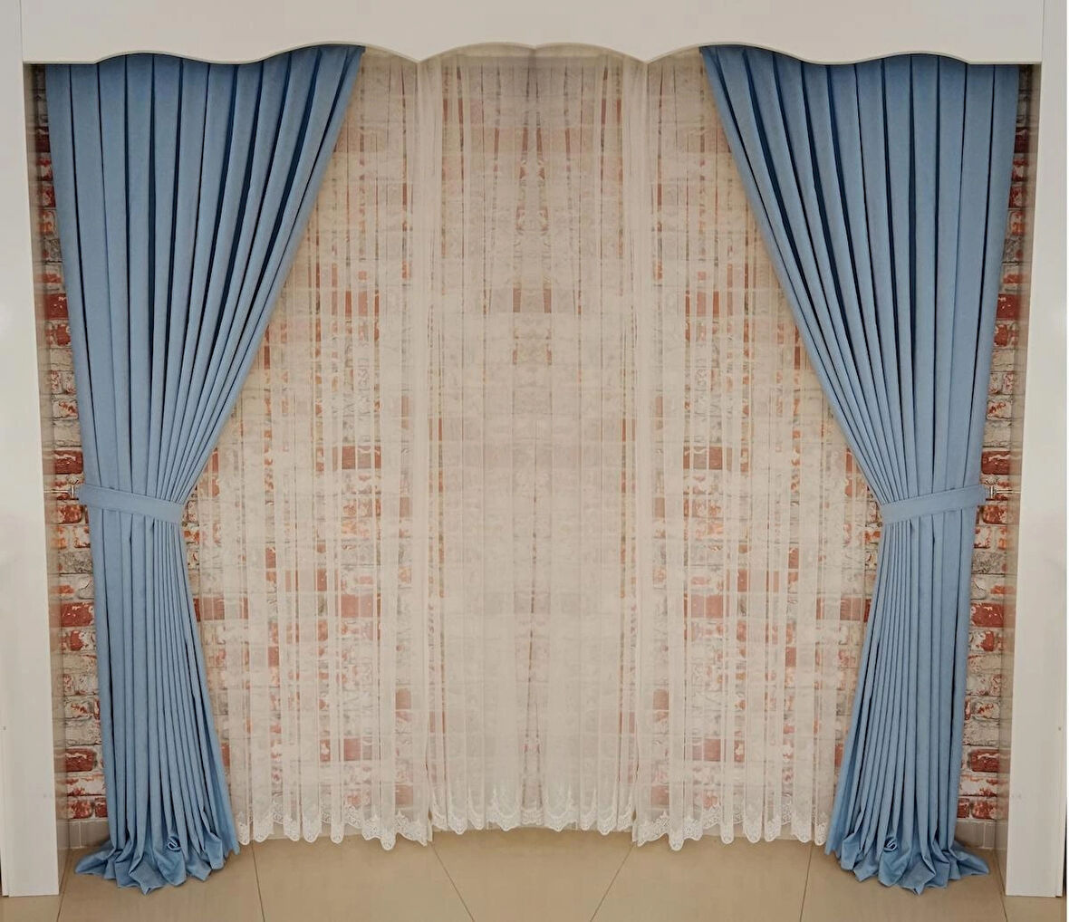 Bebe Mavisi Renk Fon Kadife Perde Çift Kanat 1/3 Sık Pileli Dikim V-32