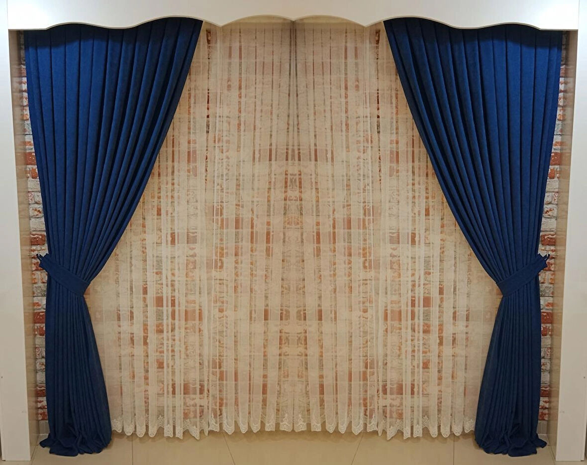 Parlement Mavisi Renk Fon Kadife Perde Çift Kanat 1/3 Sık Pileli Dikim V-34