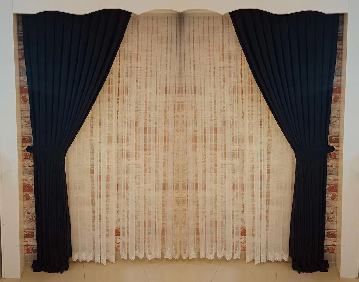 Koyu Lacivert Renk Fon Kadife Perde Çift Kanat 1/3 Sık Pileli Dikim V-35