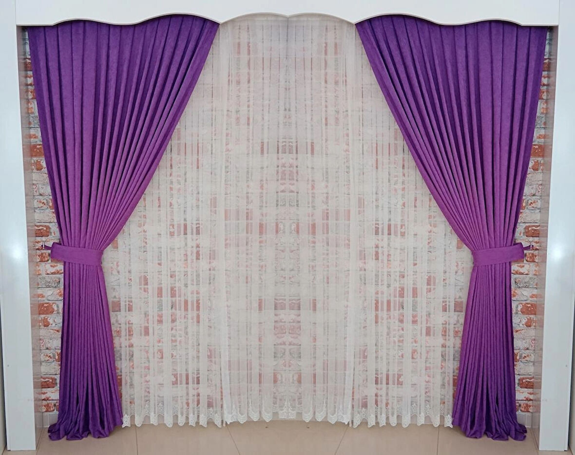 Lila Renk Fon Kadife Perde Çift Kanat 1/3 Sık Pileli Dikim V-36