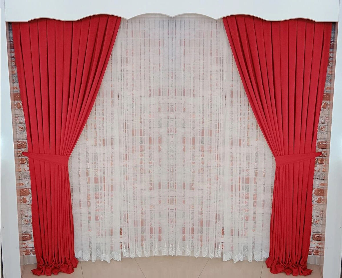 Kırmızı Renk Fon Kadife Perde Çift Kanat 1/3 Sık Pileli Dikim V-39