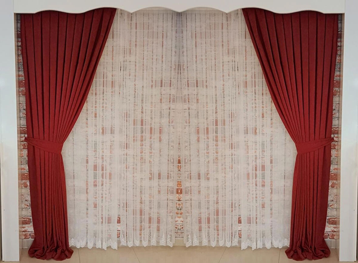 Bordo Renk Fon Kadife Perde Çift Kanat 1/3 Sık Pileli Dikim V-41