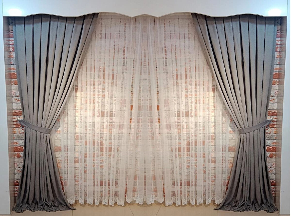 Gri Renk Fon Kadife Perde Çift Kanat 1/3 Sık Pileli Dikim V-44