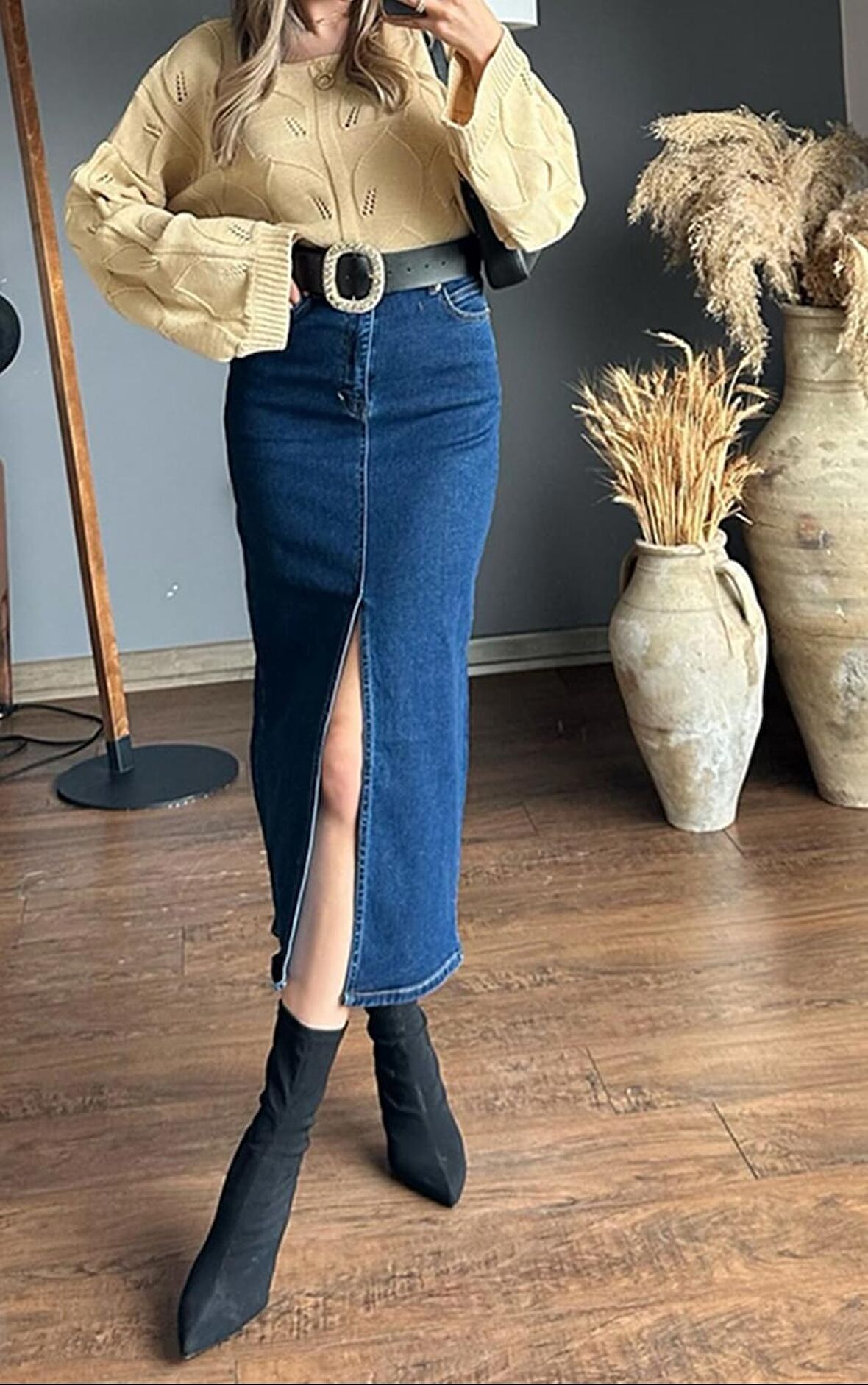 ZR Model Yırtmaç Detaylı Düğmeli Kot Etek Koyu Mavi Midi Diz Boy