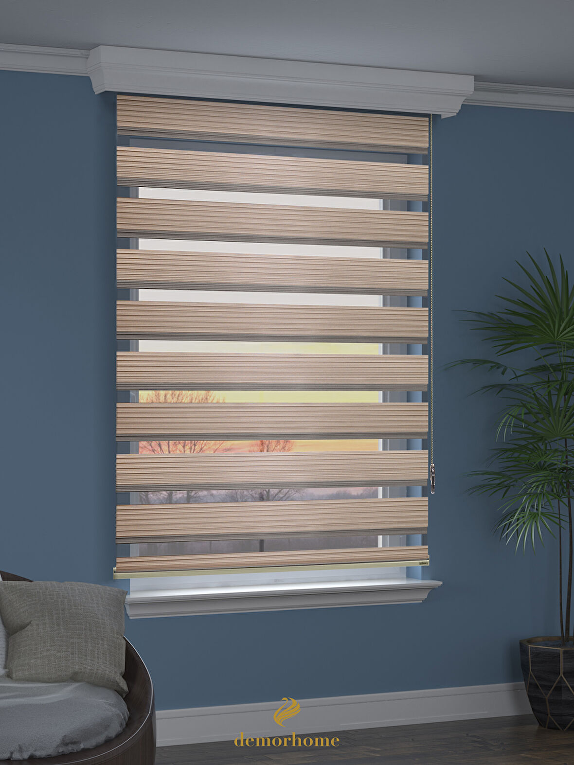 Demor Home Geniş Pliseli Latte Rengi Zebra Stor Güneşlik Perde Metal Kasa