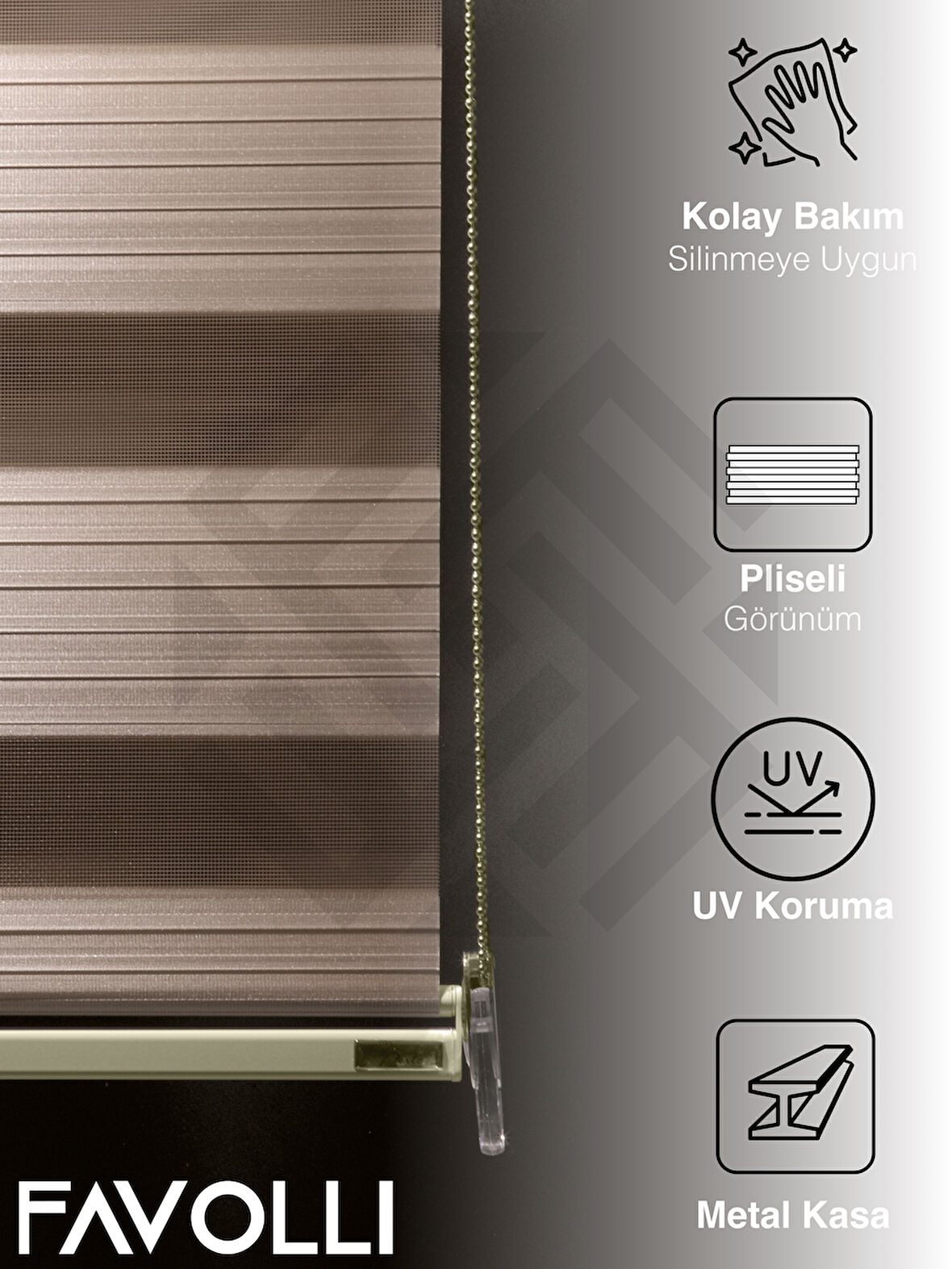 Favolli Geniş Pliseli Latte Rengi Zebra Perde Premium Dayanıklı Alüminyum Kasa