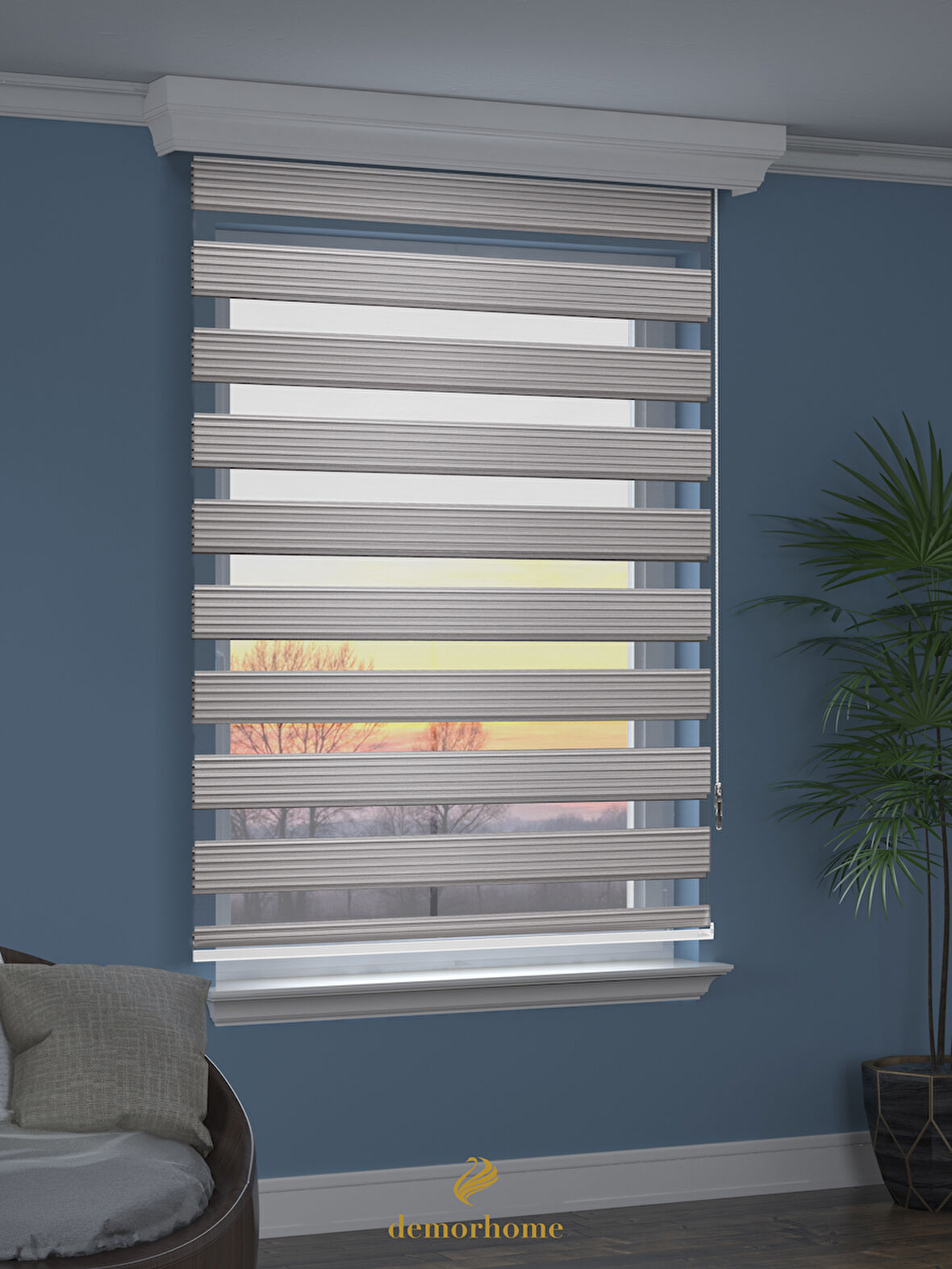 Demor Home Geniş Pliseli Açık Gri Zebra Stor Güneşlik Perde Metal Kasa