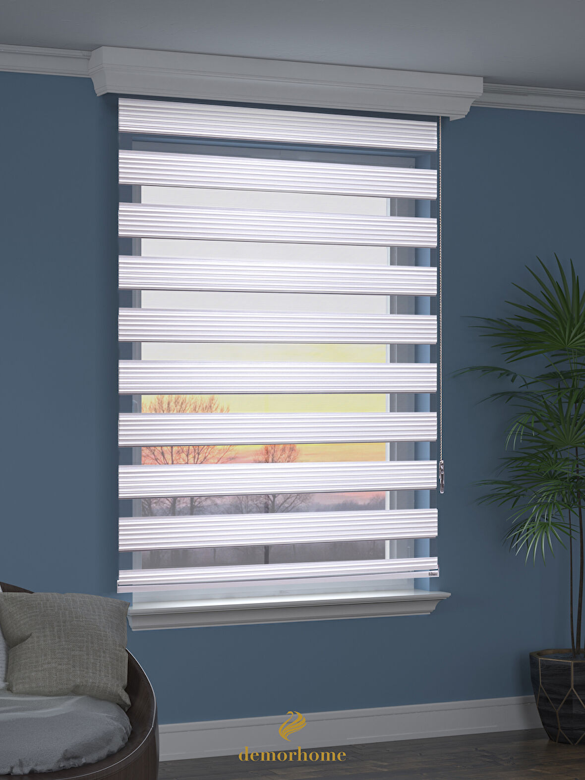 Demor Home Geniş Pliseli Beyaz Zebra Stor Güneşlik Perde Metal Kasa