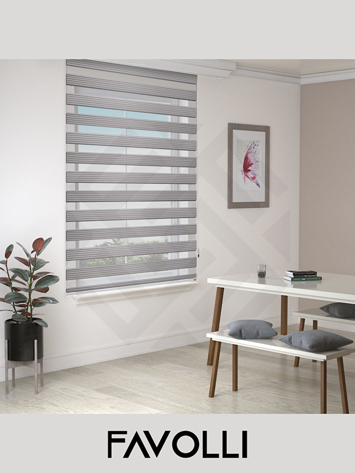 Favolli Geniş Pliseli Açık Gri Renk Zebra Perde Premium Dayanıklı Alüminyum Kasa