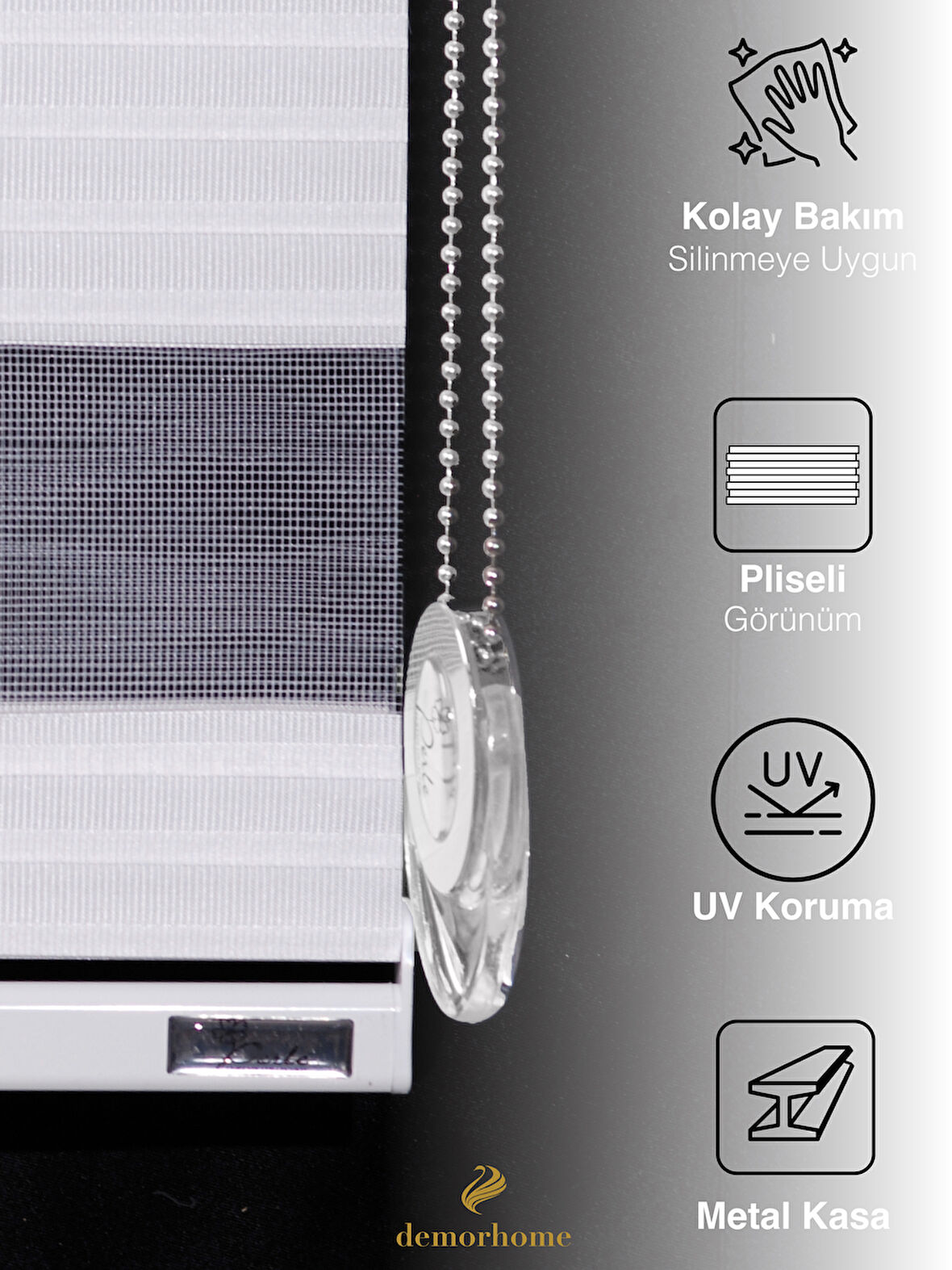 Demor Home Geniş Pliseli Beyaz Zebra Stor Güneşlik Perde Metal Kasa