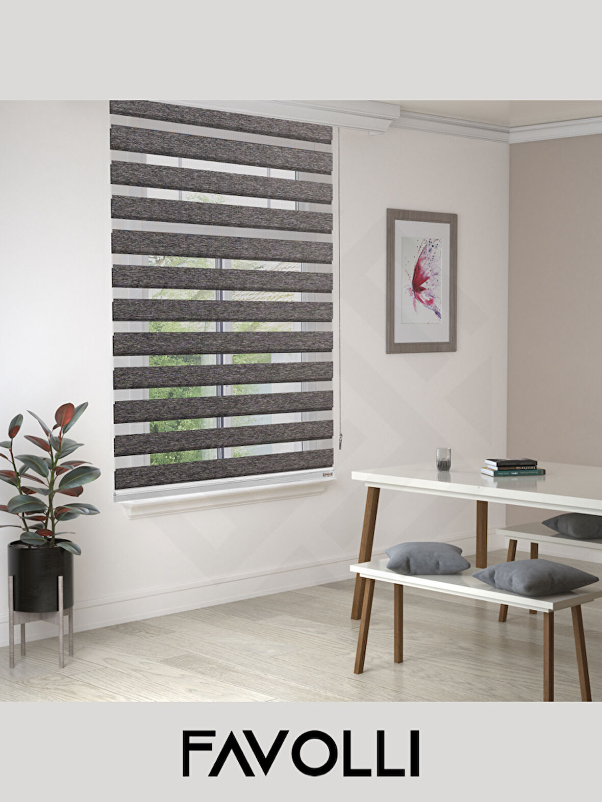 FAVOLLİ Koyu Gri Eco Bambu Stor Zebra Perde A+ Kalite , Dayanıklı Alüminyum Kasa