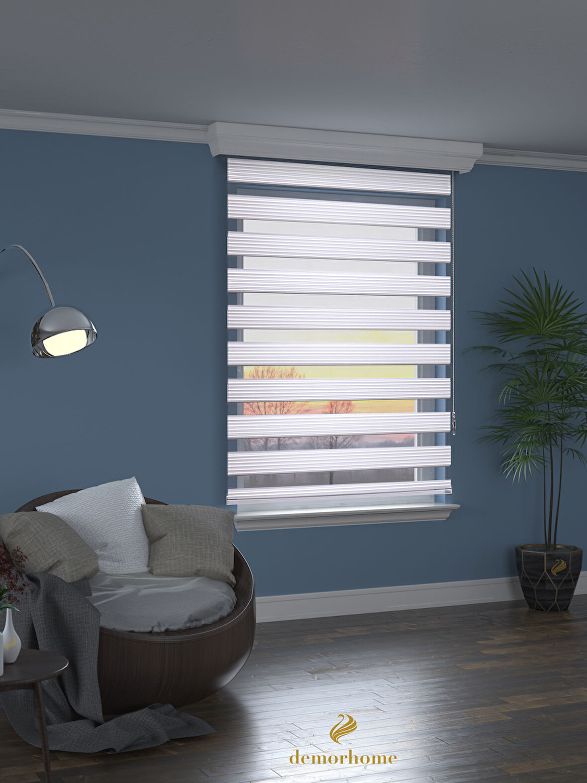Demor Home Geniş Pliseli Beyaz Zebra Stor Güneşlik Perde Metal Kasa