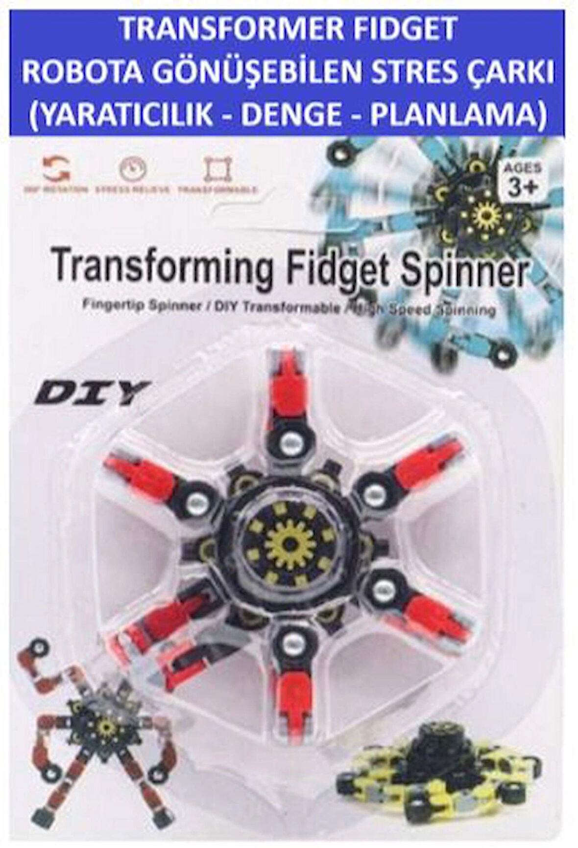 TRANSFORMERS DÖNÜŞTÜRÜLEBİLİR ROBOTİK STRES ÇARKI - ROBOTIC FIDGET SPINNER -RENK:KIRMIZI