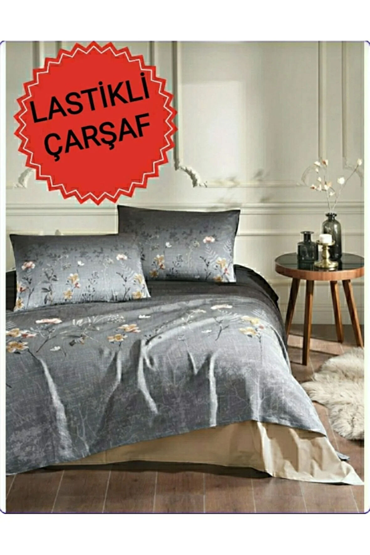 Özdilek Çift Kişilik Çarşafı Lastikli Nevresim Takımı Ramas Secas Gri