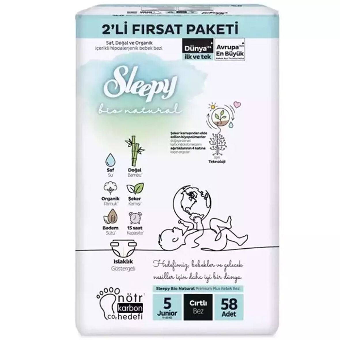 Sleepy Bio Natural Bebek Bezi 2'Li Fırsat Paketi 5 Beden 58 Adet