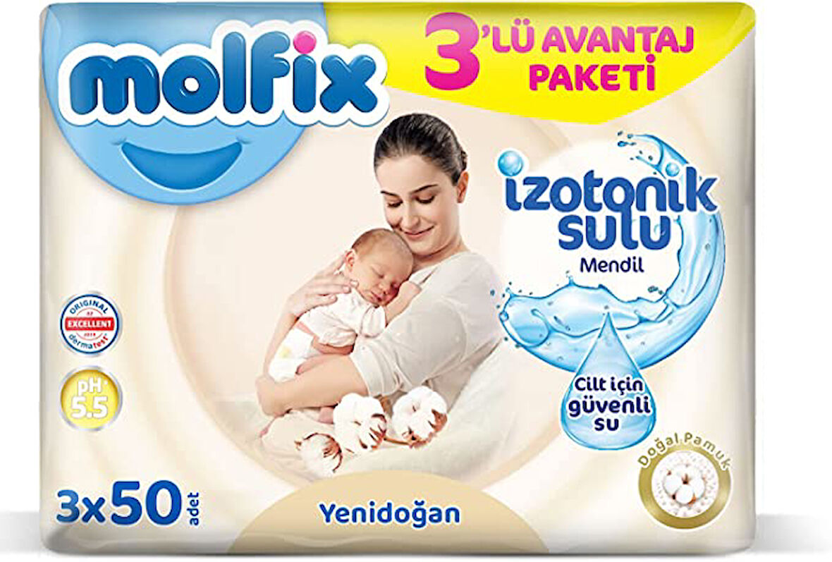 Molfix Yenidoğan İzotonik Sulu Doğal Pamuk Islak Havlu Mendil 3'Lü 150 Yaprak