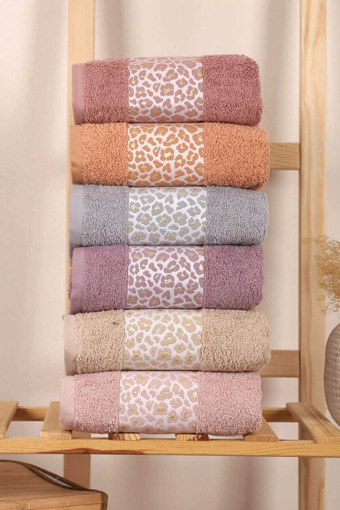 6 lı %100 Pamuklu El Yüz Havlu Seti Renkli Leopar Desen 50x90 Cm